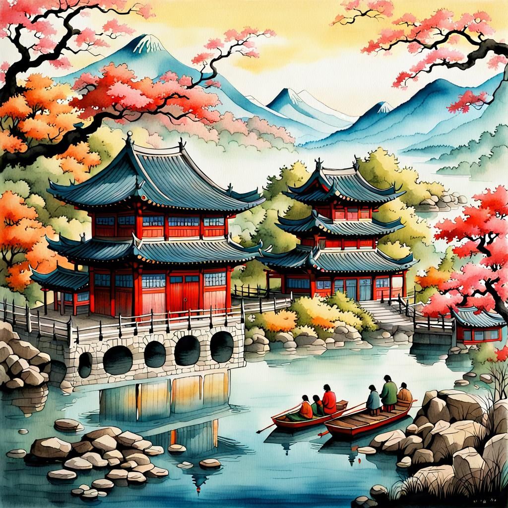 Utopian Cityscape in Korean Folk Art Style