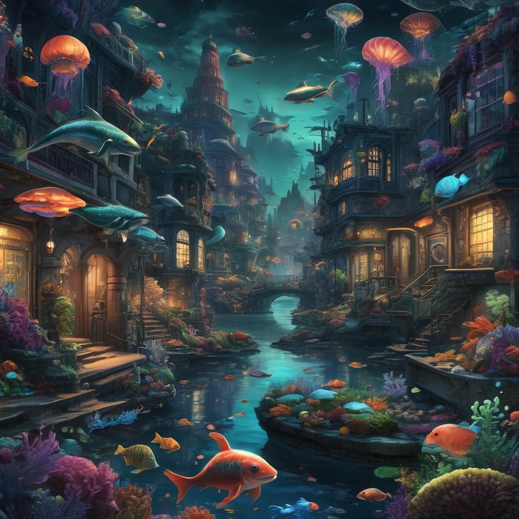 Atlantis Metropolis: Mermaid and Merman in Bioluminescent Ci...