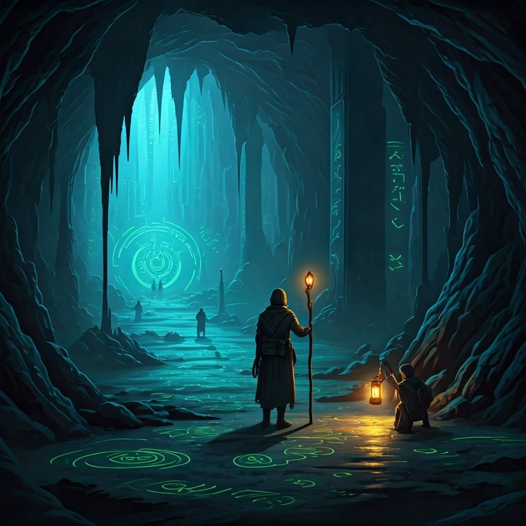 Adventurers Explore Ancient Cave with Glowing Runes