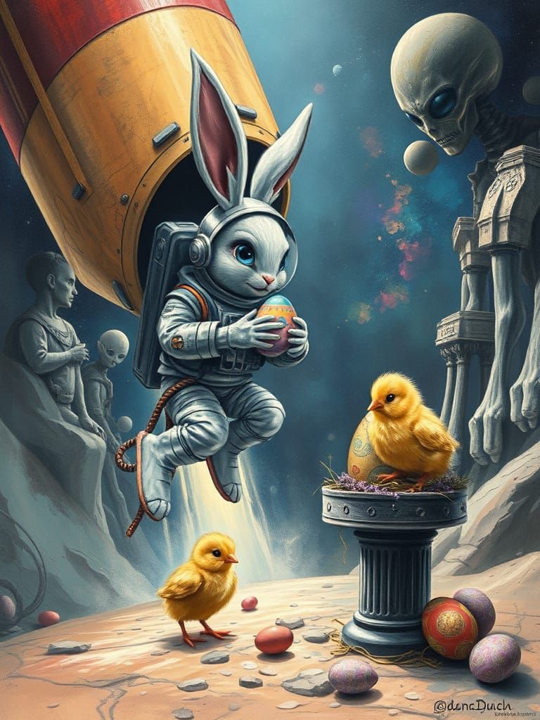 Bunny Astronaut Meets Alien Chick on Fantasy Planet