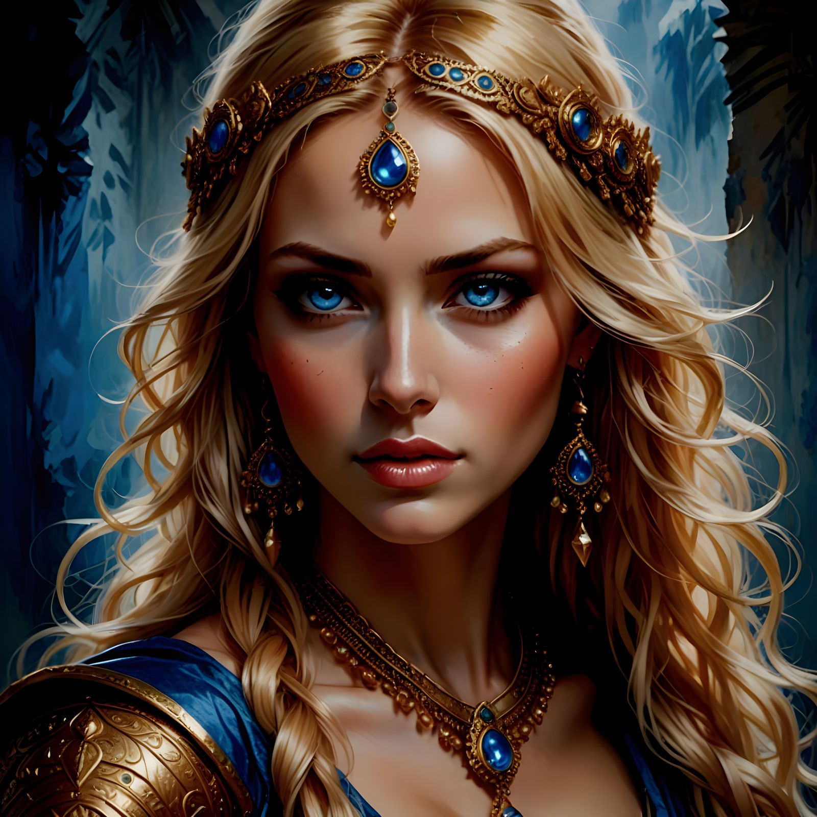 Exotic woman with golden hair and blue eyes stares at you