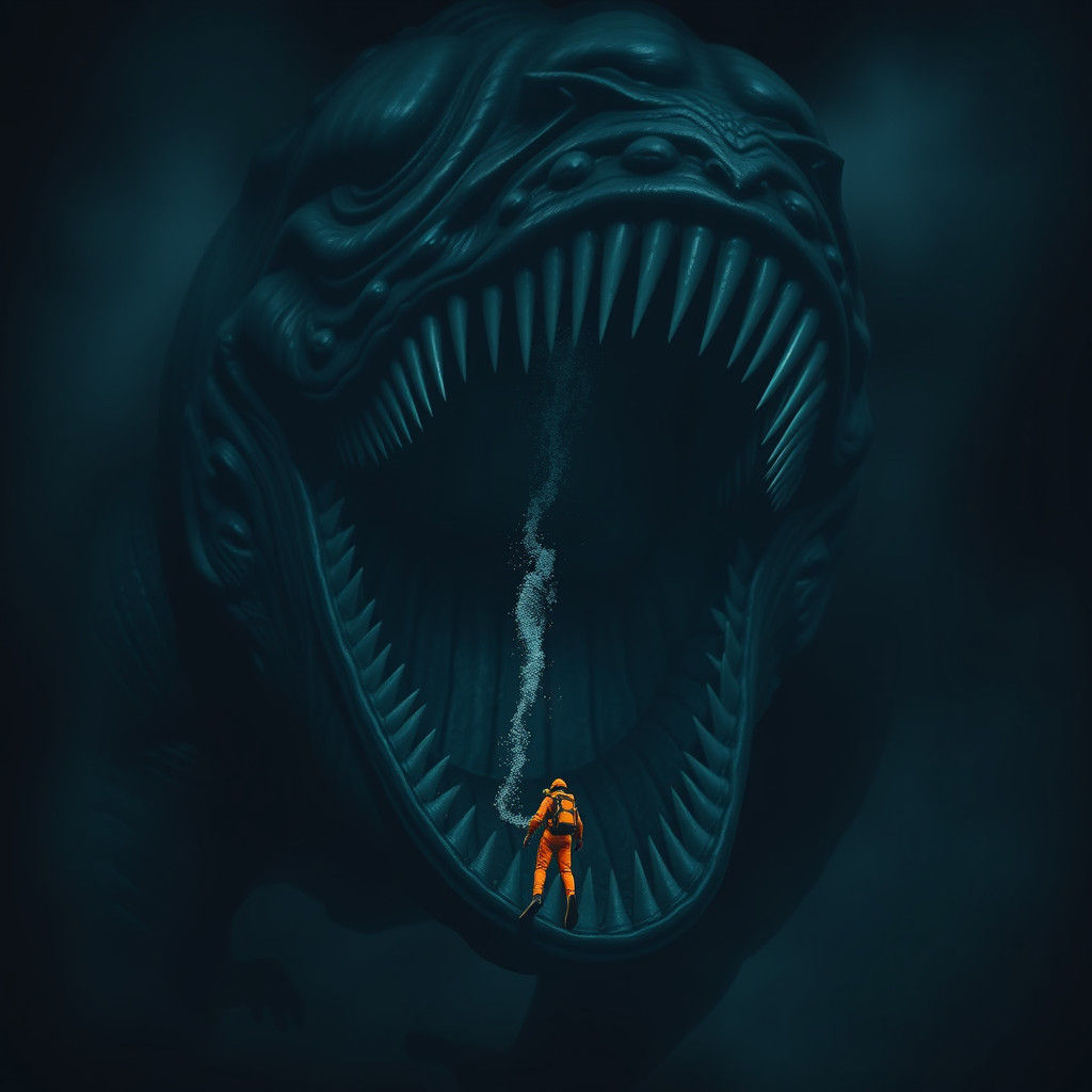 Horrific Sea Monster Confronts Diver in Dark Abyss