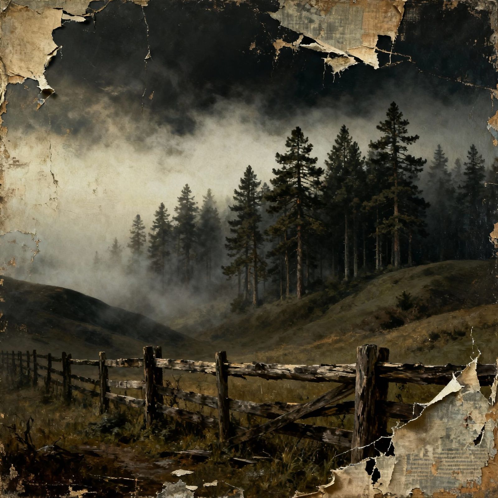 Misty Pine Forest with Rustic Fence, Oil Painting Style