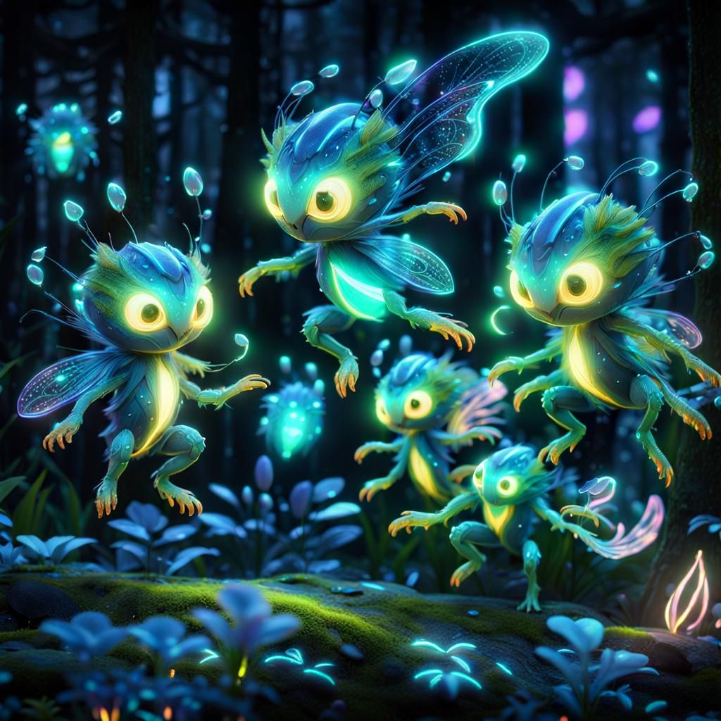 Bioluminescent Creatures Dance in Neon Forest