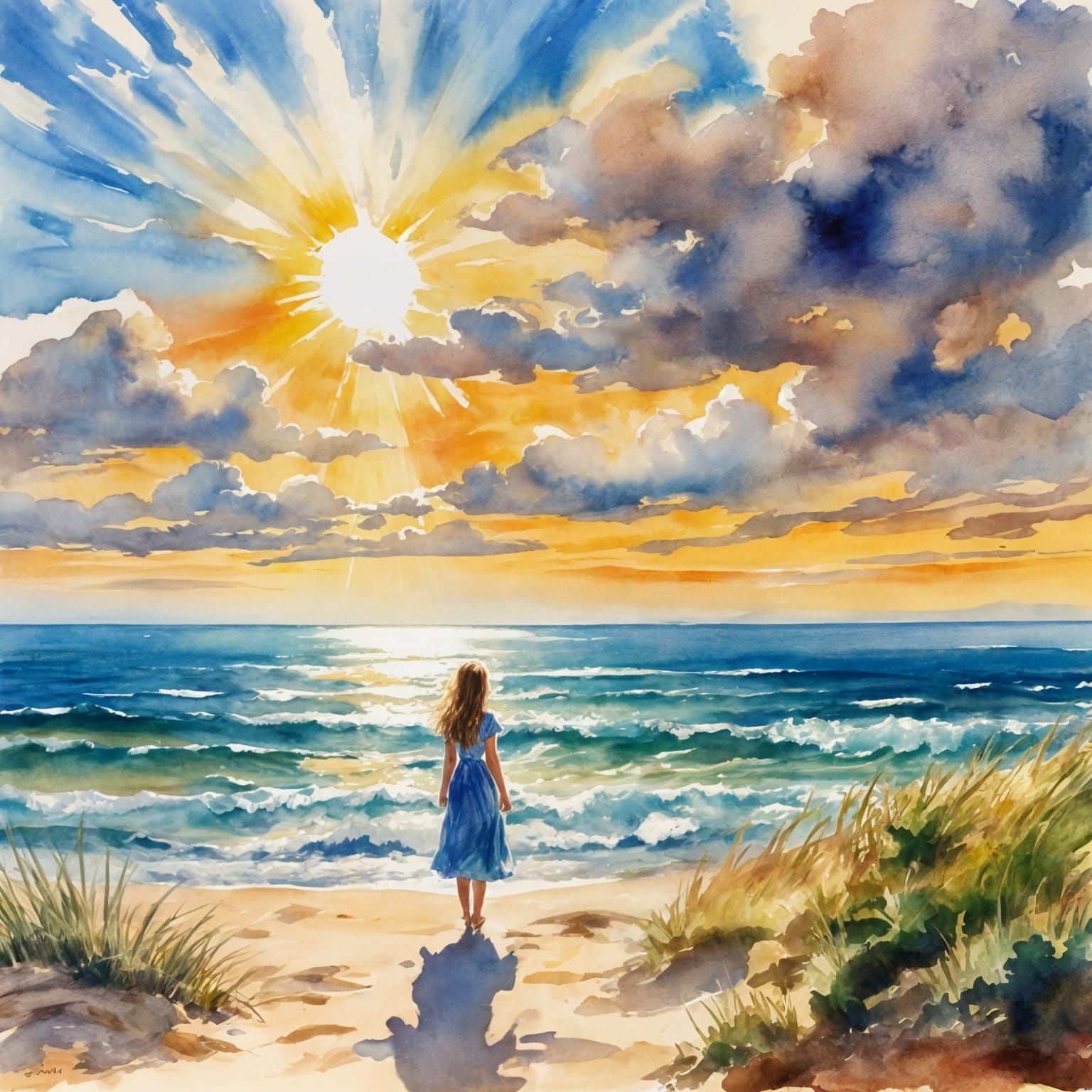 Girl by the Sea in Impressionist Gouache Style