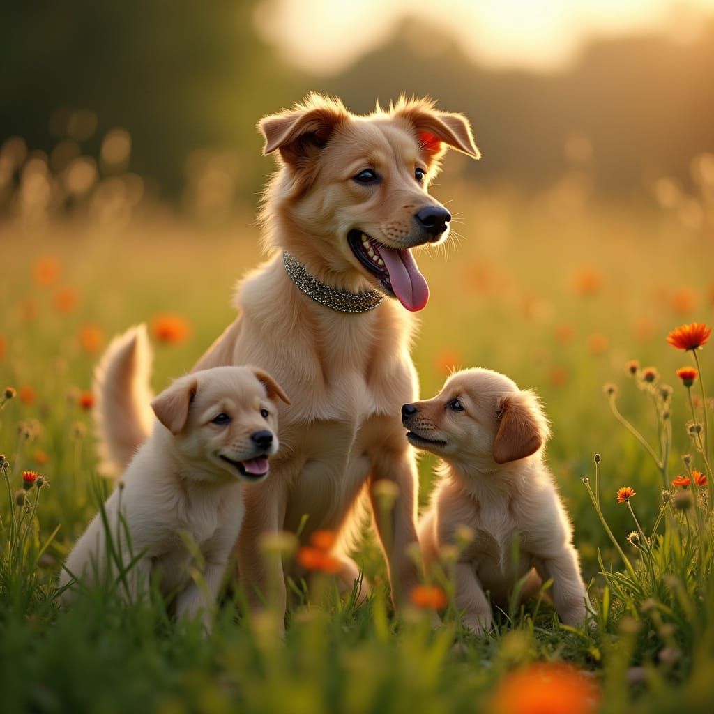 Dog and Puppies Playing in Field at Dawn