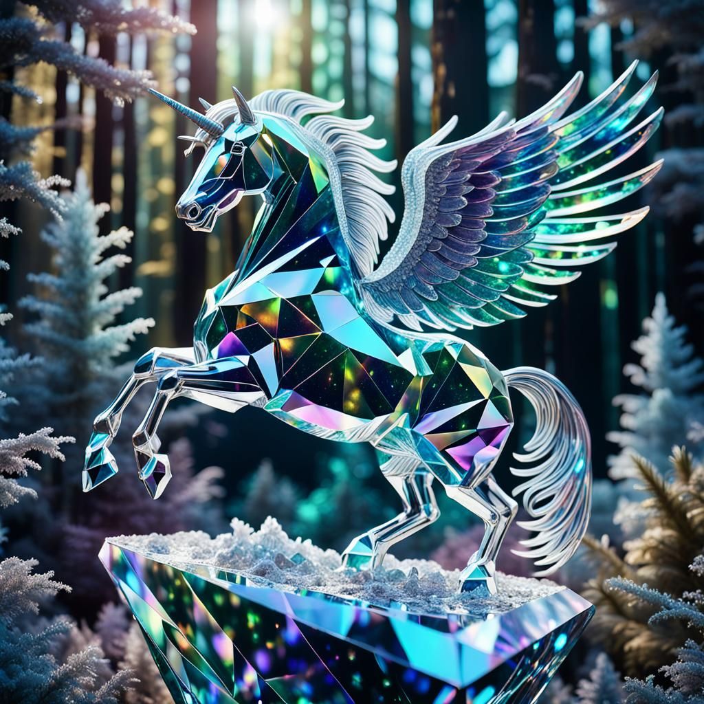 Iridescent Diamond Pegasus in Crystal Forest