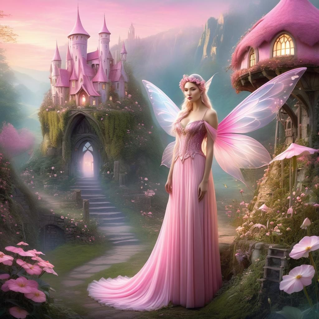 Beautiful Pink Fairy in Mystical Village, Digital Art