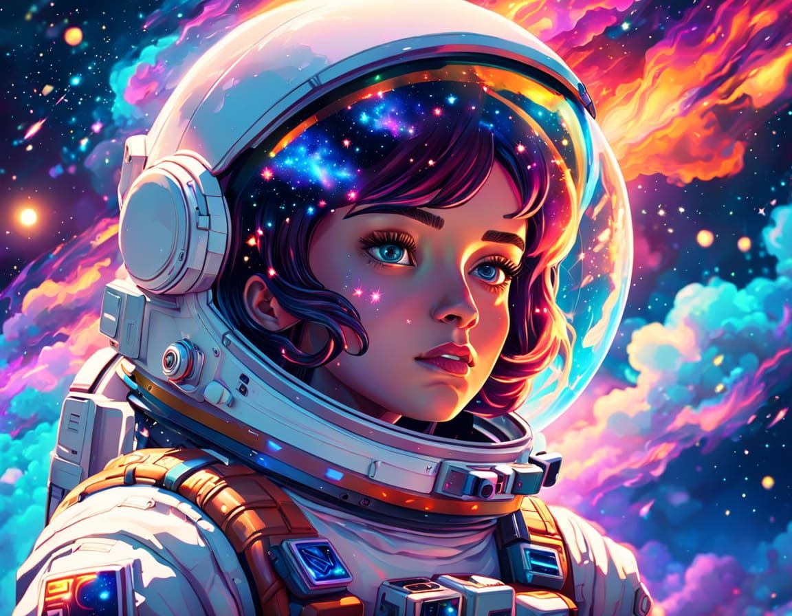 Glowing Astronaut Girl in Vibrant Cosmic Galaxy