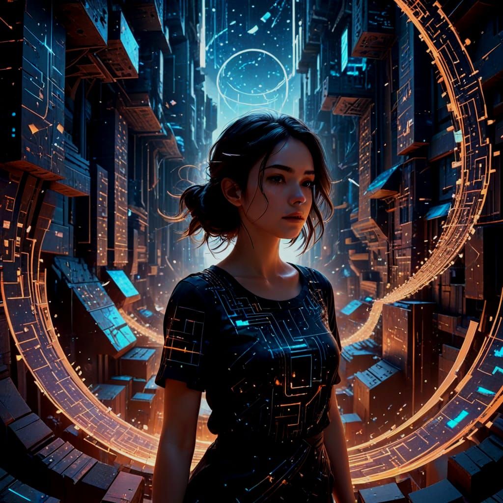 Woman in Surreal Digital Dreamscape: Anime Style