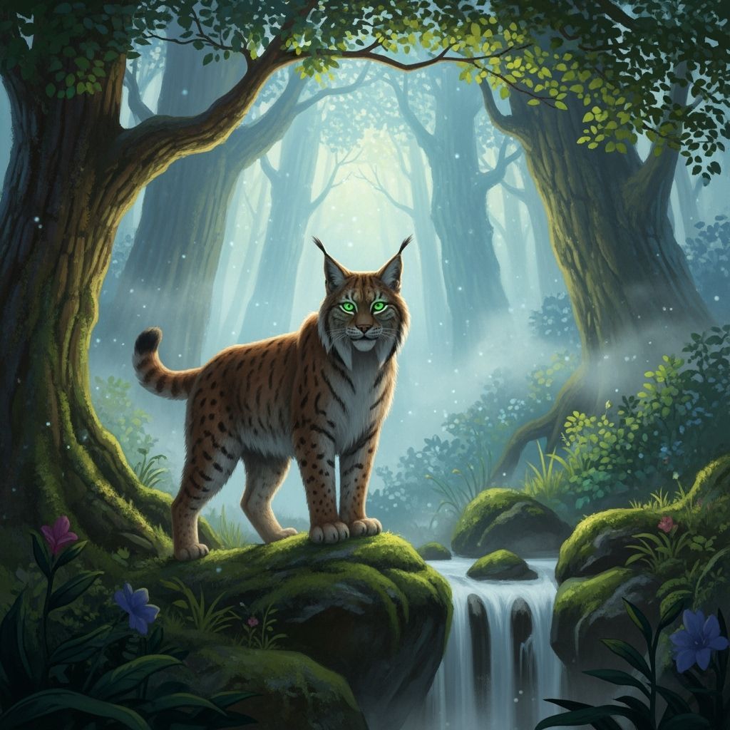 Majestic Lynx by Hidden Waterfall in Misty Forest