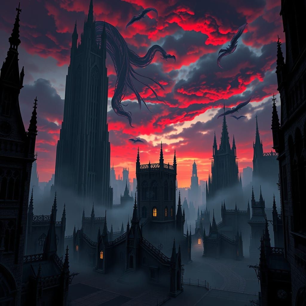 Dark Gothic Cityscape at Dusk: A Foreboding Crimson Skyscape