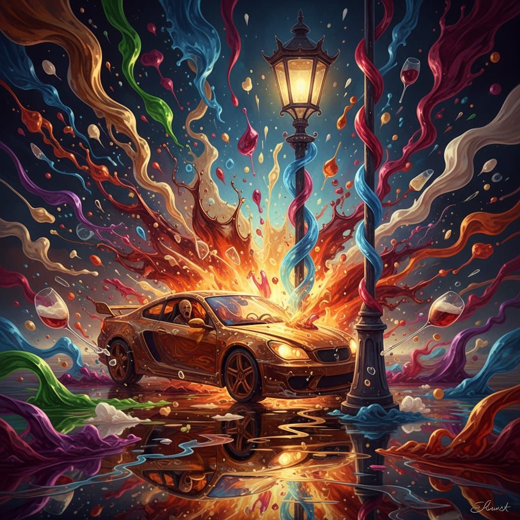Surreal Liquid Car Crash in Hyper-Realistic Style