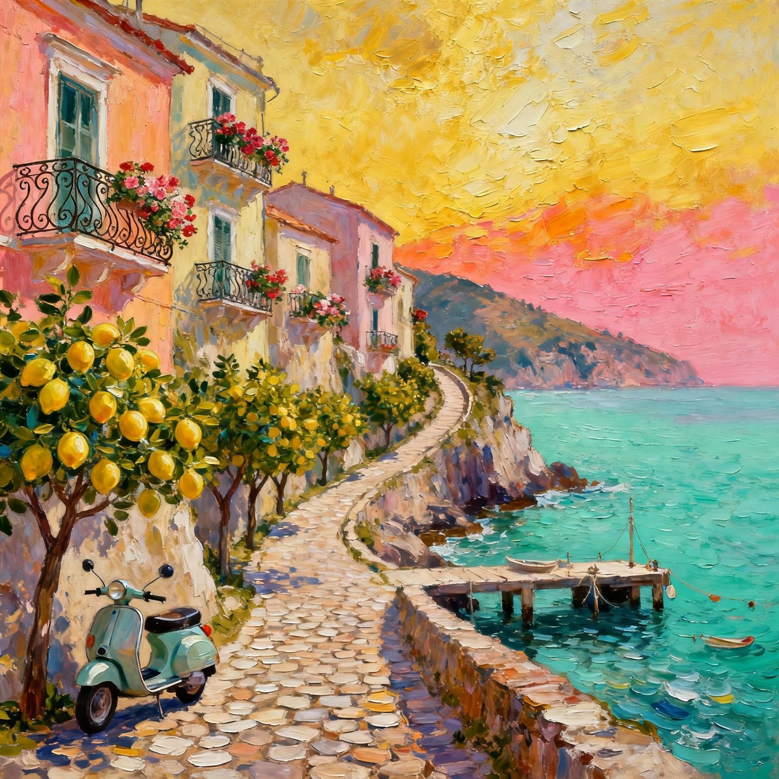 Amalfi Coast Charm: Cliffside Homes with Geraniums and Lemon...