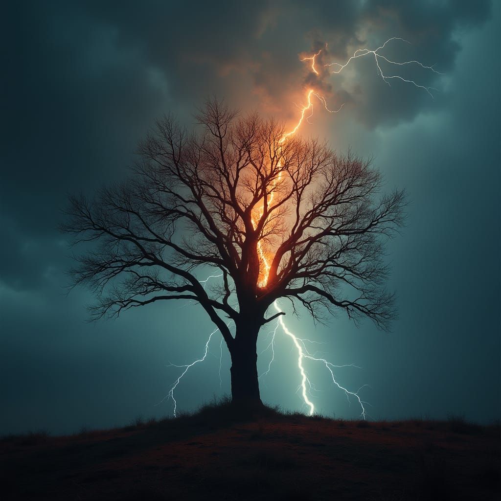 Stormy Silhouette: Lightning Strikes Barren Tree