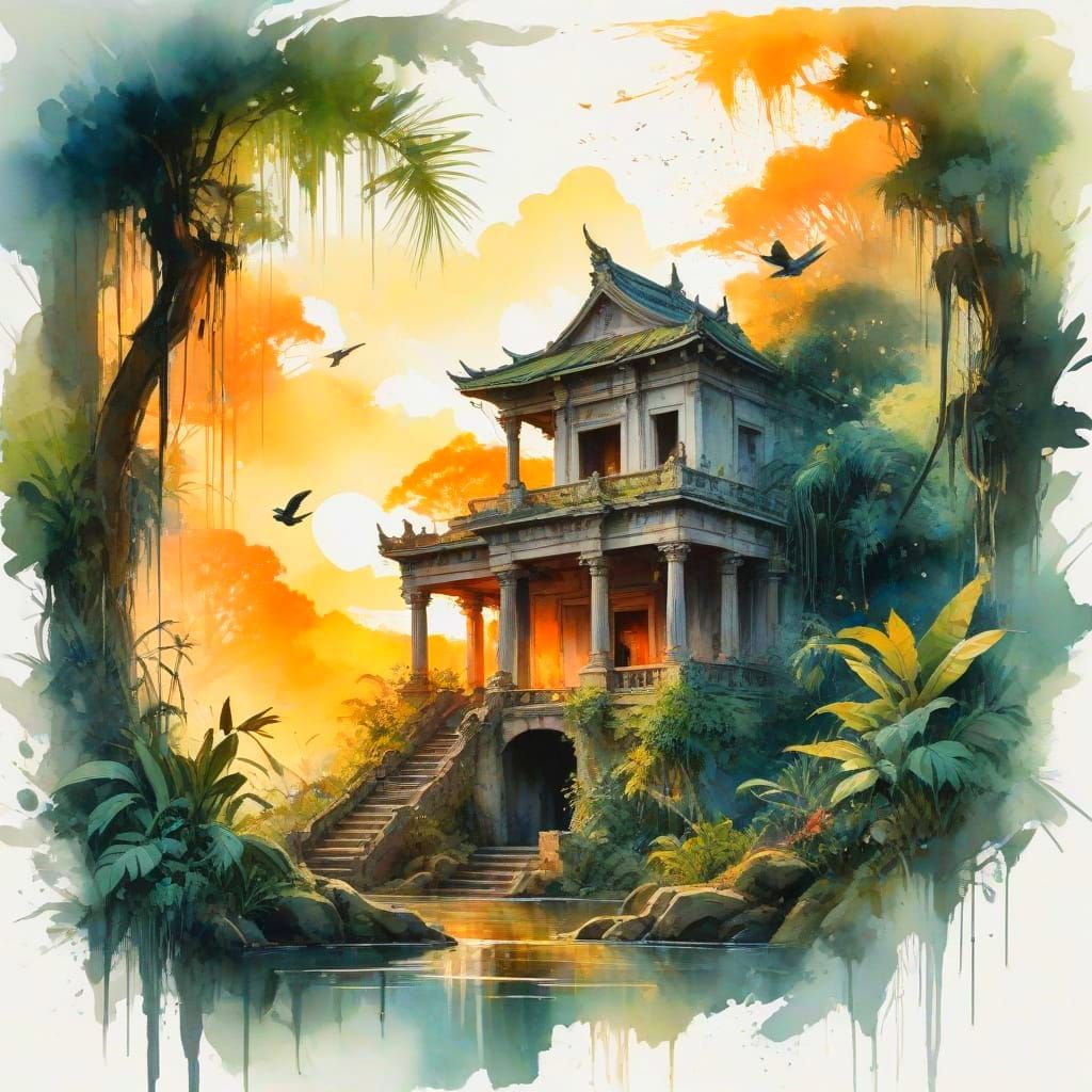 Ancient Jungle Temple Emerges in Golden Hour Splendor