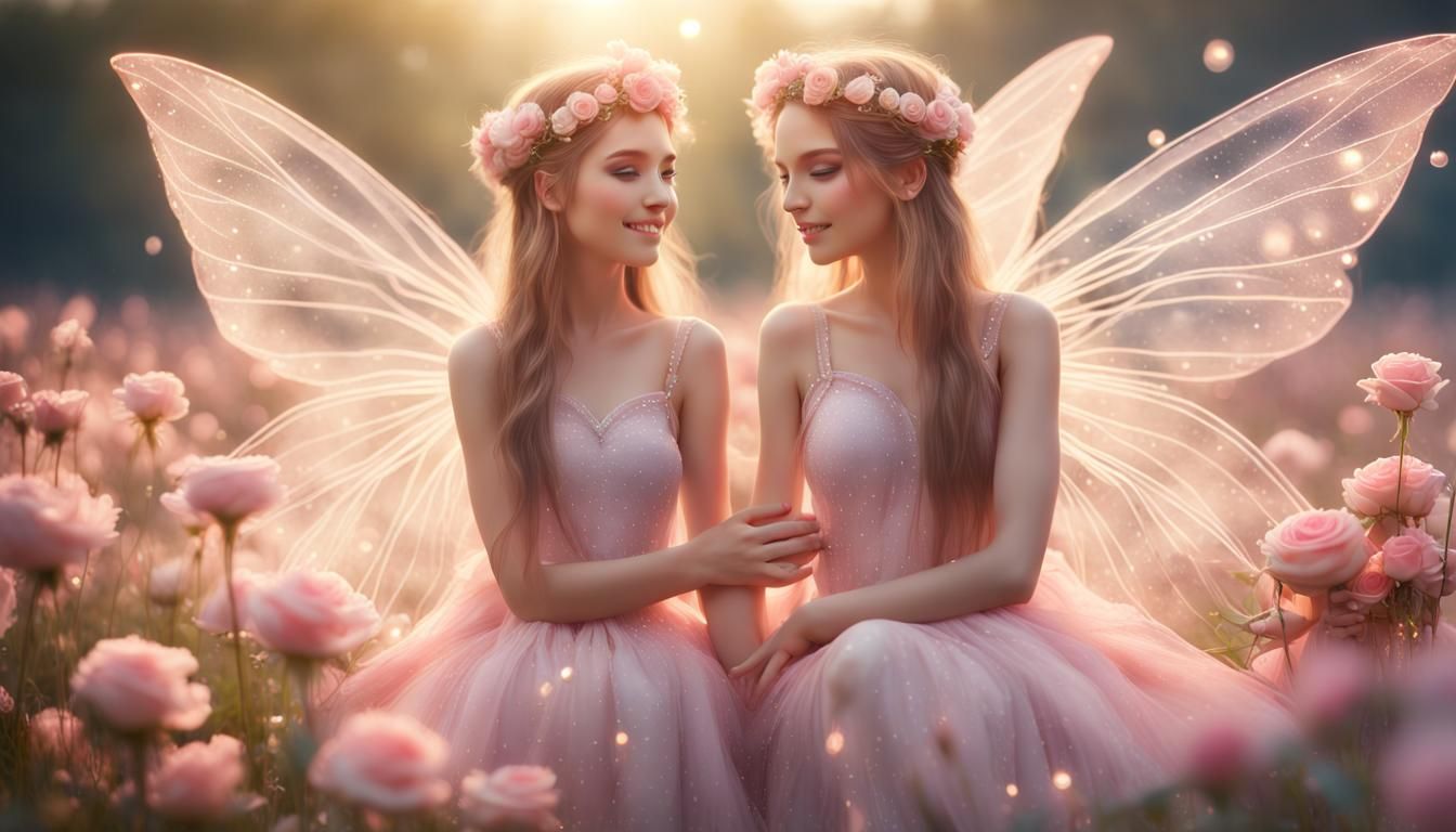 Ethereal Fairy Twins in Magical Rose Field