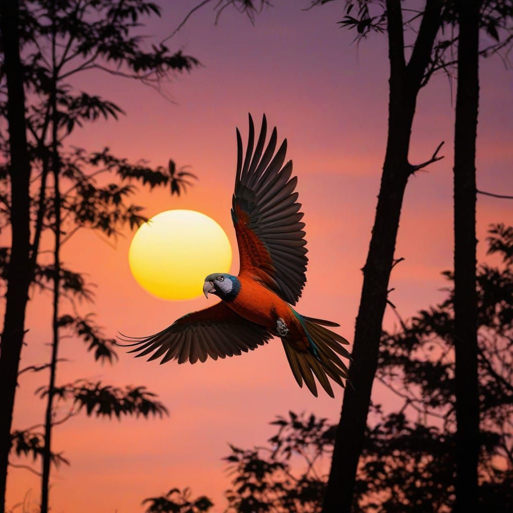 Vibrant Tropical Dawn with Majestic Parrot in Flight