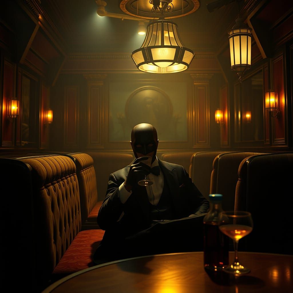 Masked Figure in 1920s Speakeasy, Dark Fantasy Style