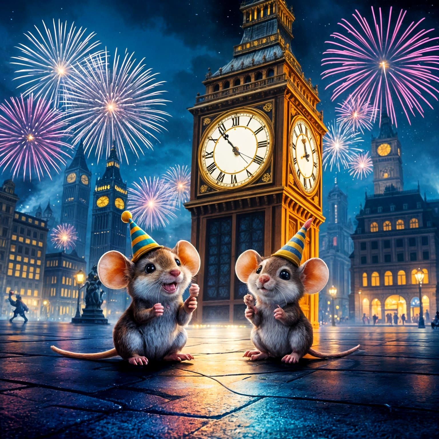 Festive City Mice Await Midnight in a Cyberpunk Landscape