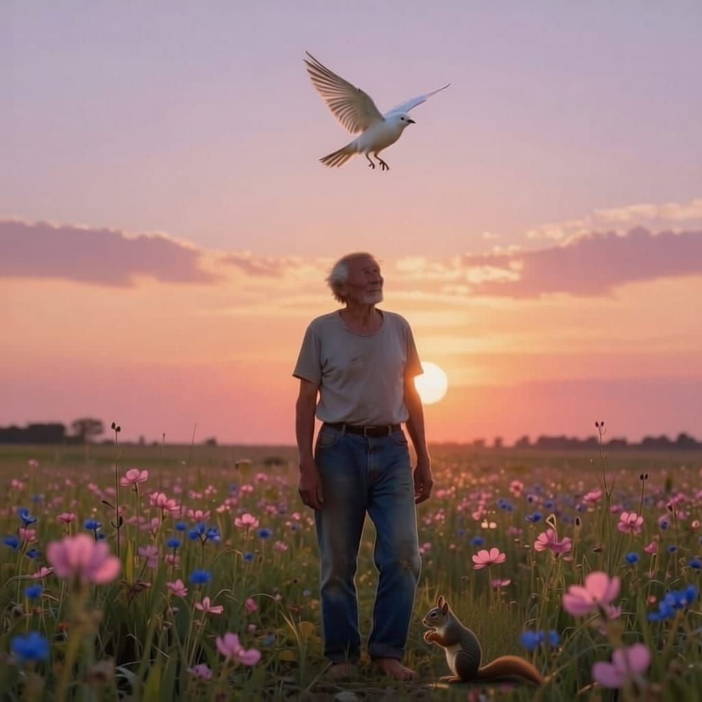 White Bird Flies Over Man in Sunrise Meadow