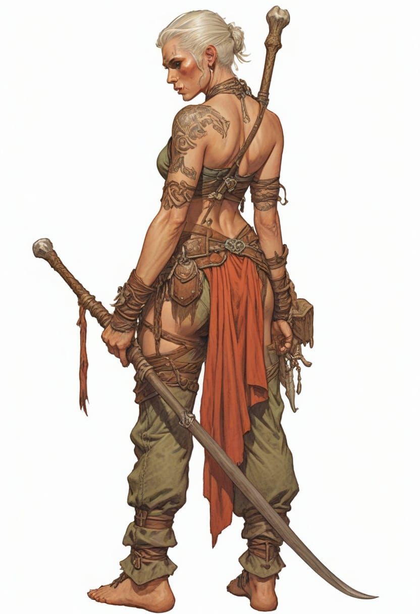Pale Elf Barbarian with Bone Staff Illustration