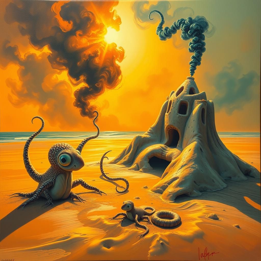 Squid Creatures Build Sandcastle Lighthouse: Surreal Oil Pai...