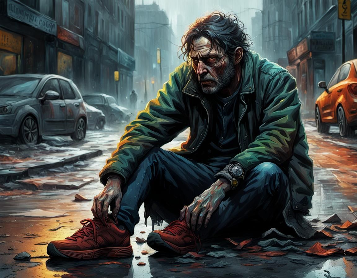 Hyperrealistic Shivering Addict on Cold Pavement