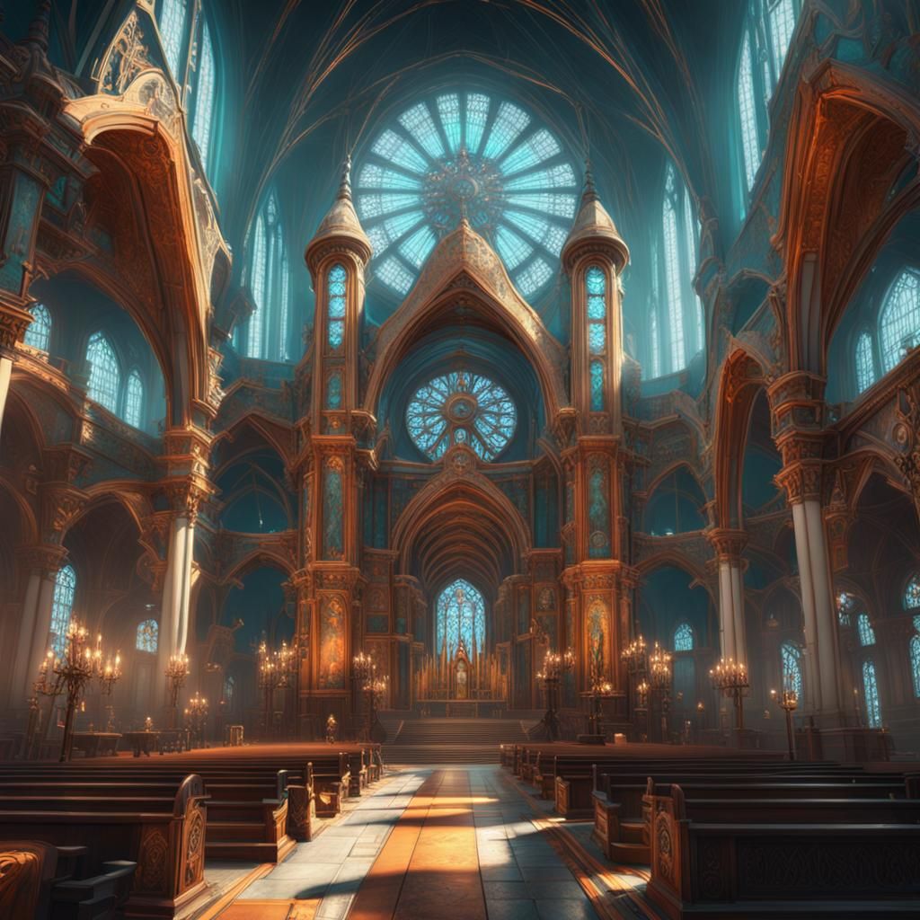 Steampunk Church with People in Art Nouveau Style