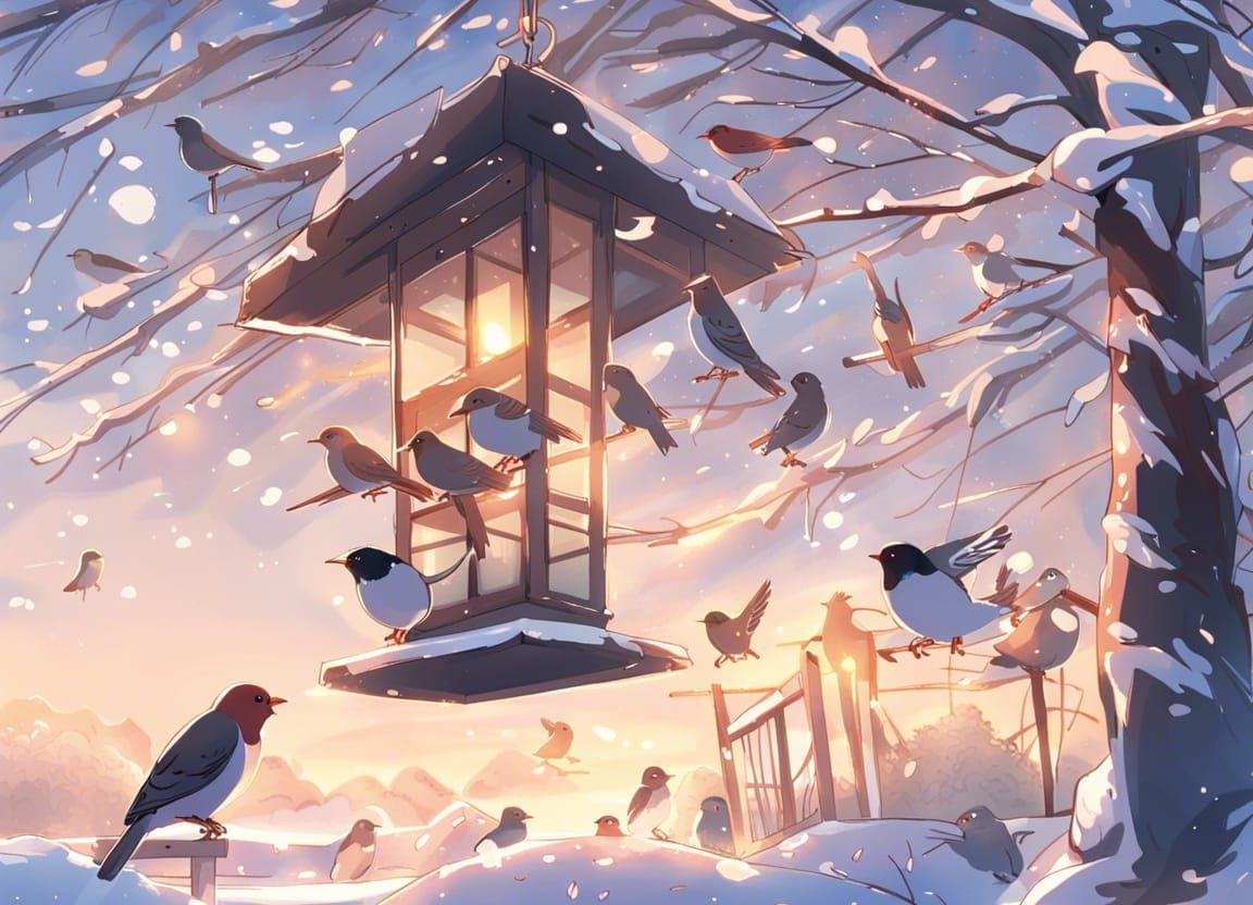 Birds at Feeder in Winter Sunset: Anime Style