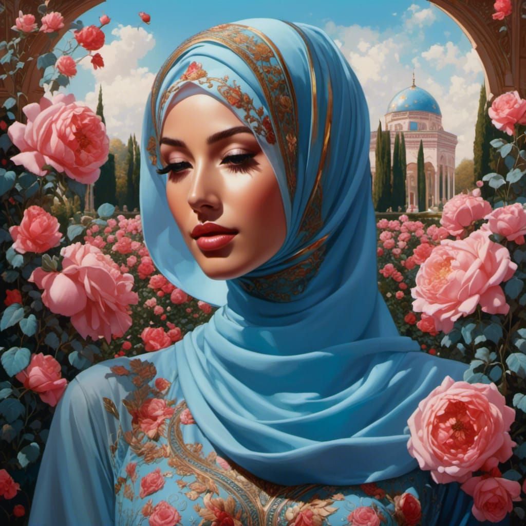 Woman in Hijab in Rose Garden, Oil Painting