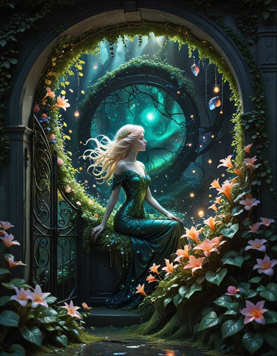 Surreal Blooming Forest with Overgrown Emerald Wall