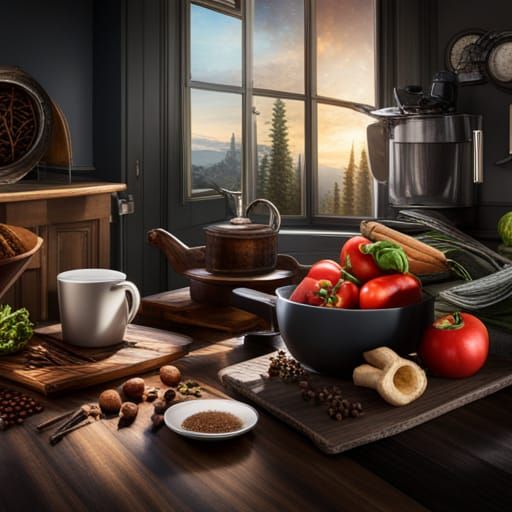 Dramatic Kitchen Still Life with Coffee Cup