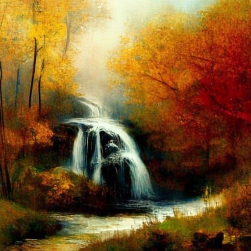 Autumn Waterfall Serenity in Somov and Gauguin Style