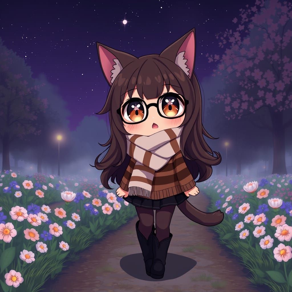 Cute Catgirl in Nature Park at Night as Synthwave Anime