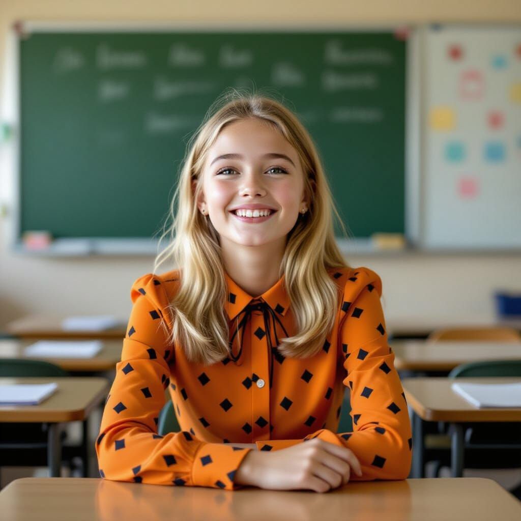 Adorable French Schoolgirl Sitting on Desk in Classroom