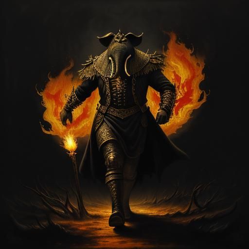 Surrealistic King Receives Flame Messages: Oil Painting