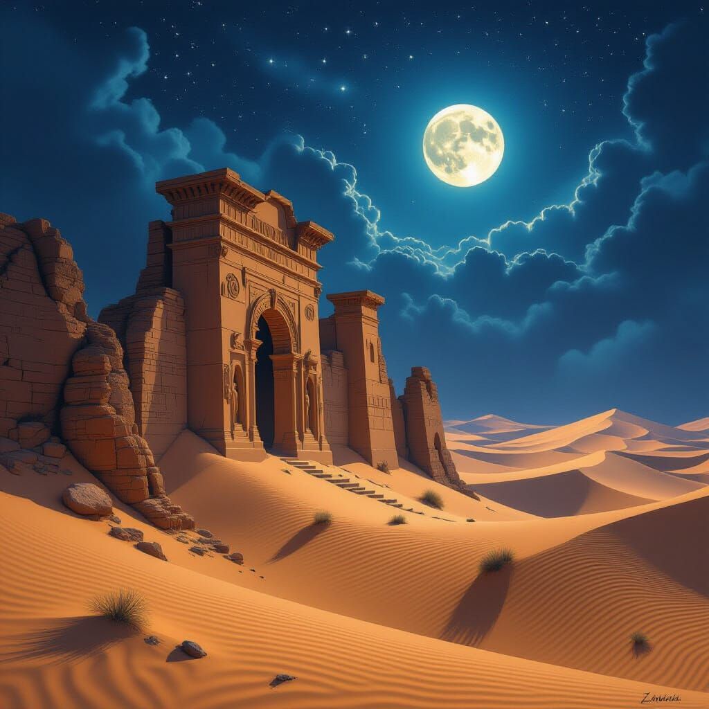 Ancient Desert Ruins Emerge Under Starry Night Sky