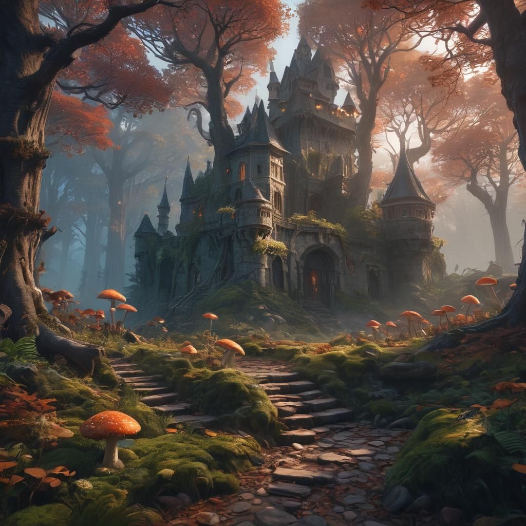 Mystical Forest Castle in Vibrant Fantasy Art