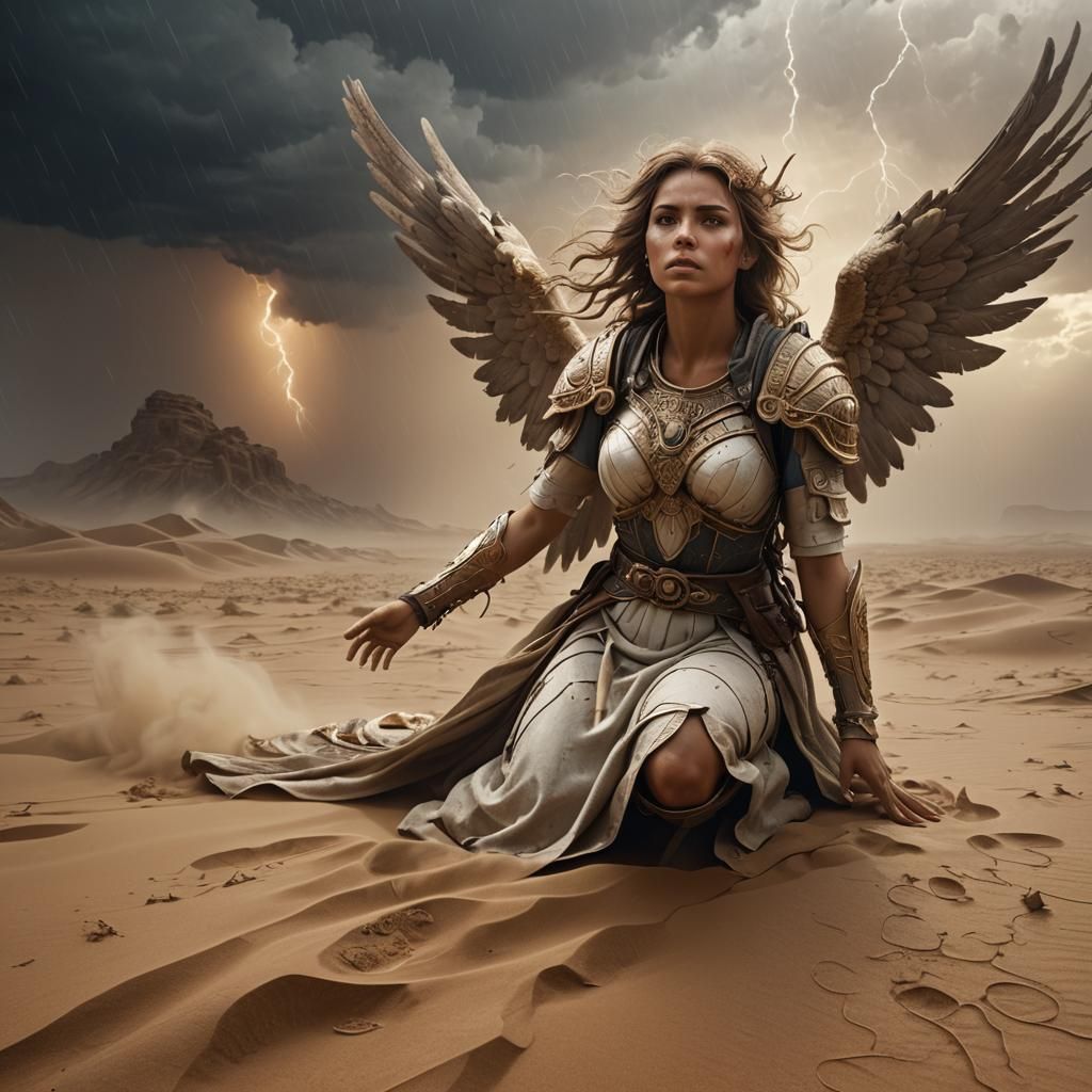 Angel Kneeling in Stormy Desert, Detailed Matte Painting