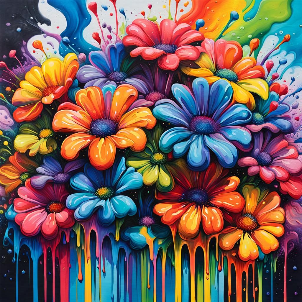 Melting Rainbow Graffiti Art Flowers in Neon Hues