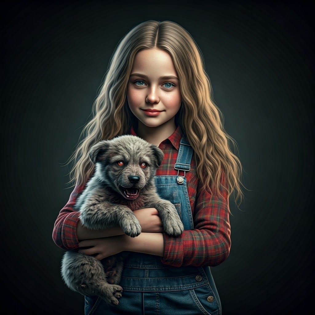 Hyperrealistic Portrait of a Gentle Girl and Her Feral Puppy