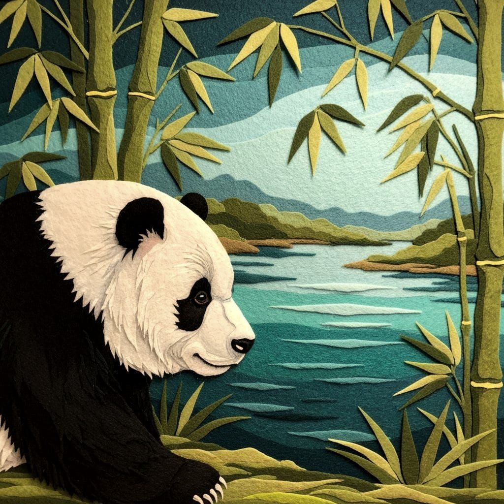 Detailed Felt Artwork: Panda Bear, Lake and Bamboo