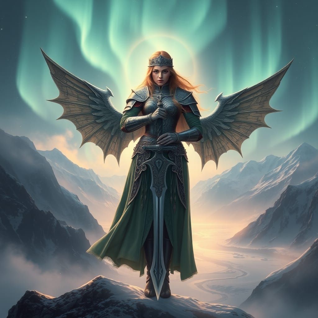 Nordic Warrior Maiden with Dragon Sword Under Aurora