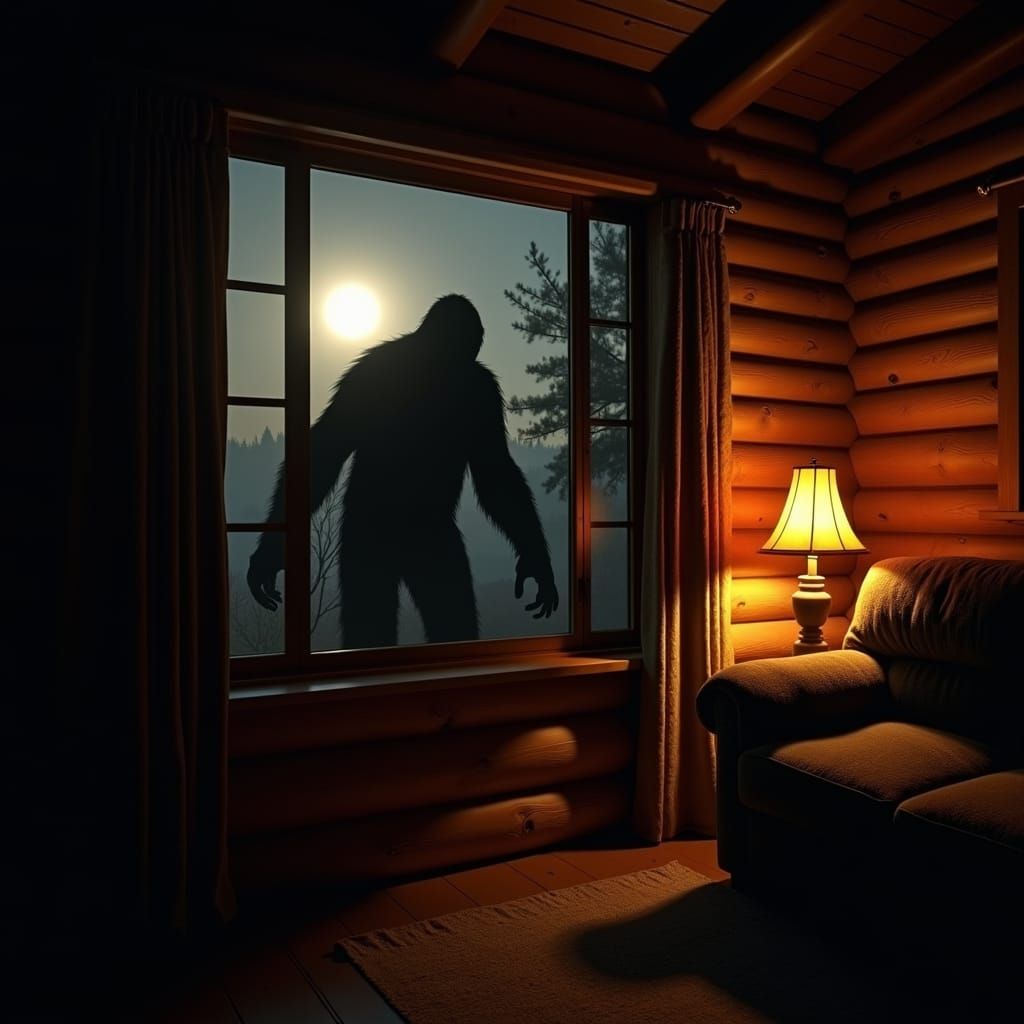 Bigfoot Silhouette Peering into Cabin Window