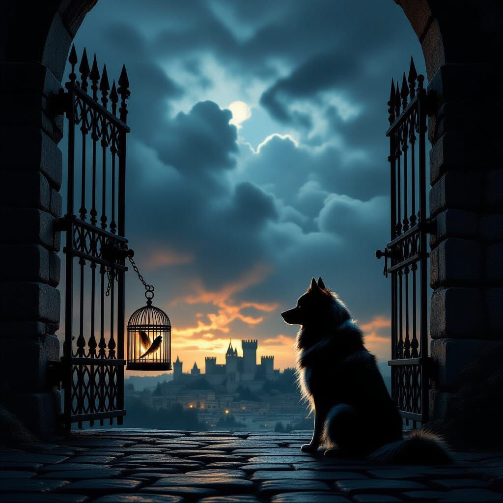 Stoic Dog Guards Medieval Fortress Gate Under Stormy Sky