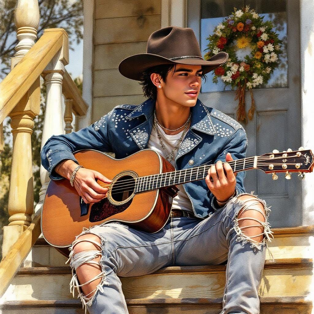 Gay Latino Cowboy Plays Guitar: Watercolor Art Nouveau