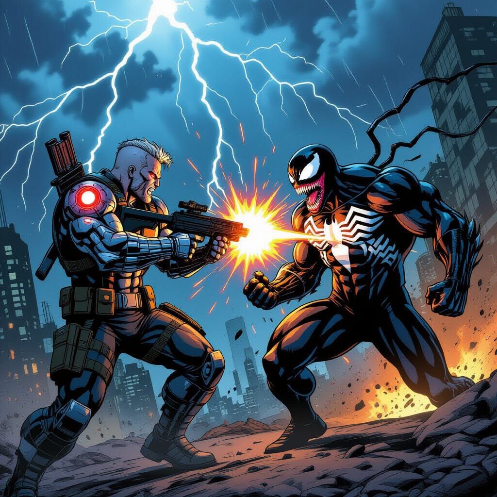 Cable vs Venom: Epic Energy Blast in Comic Book Style