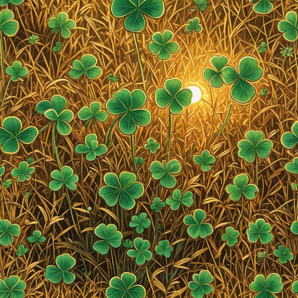 Glowing Four-Leaf Clover in Golden Sunset Field