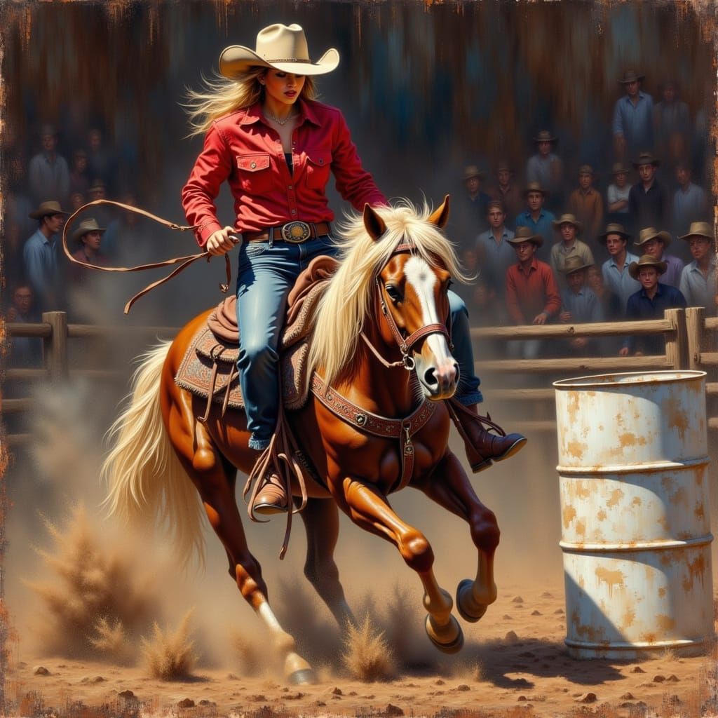Barrel Racing Cowgirl in Impasto Oil Painting